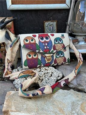 Vintage “Une Famille Chouette” (A Nice Family) Owl Tapestry Crossbody Bag.